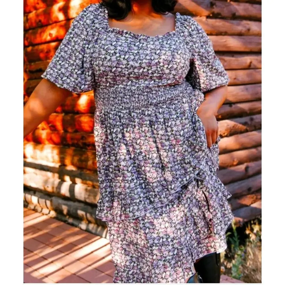 Ivy City Co. Floral Romantic Sleeve Sweethear Purple Ruffle Tiered Dress XXLarge - Picture 2 of 5